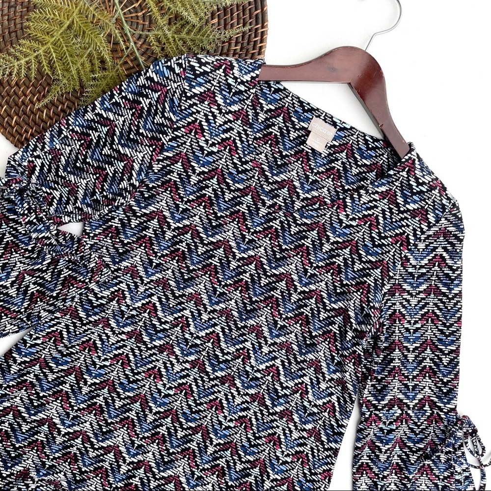 Chicos Womens Dress Abstract Chevron 3/4 Bell Tie Sleeve Small 4/6